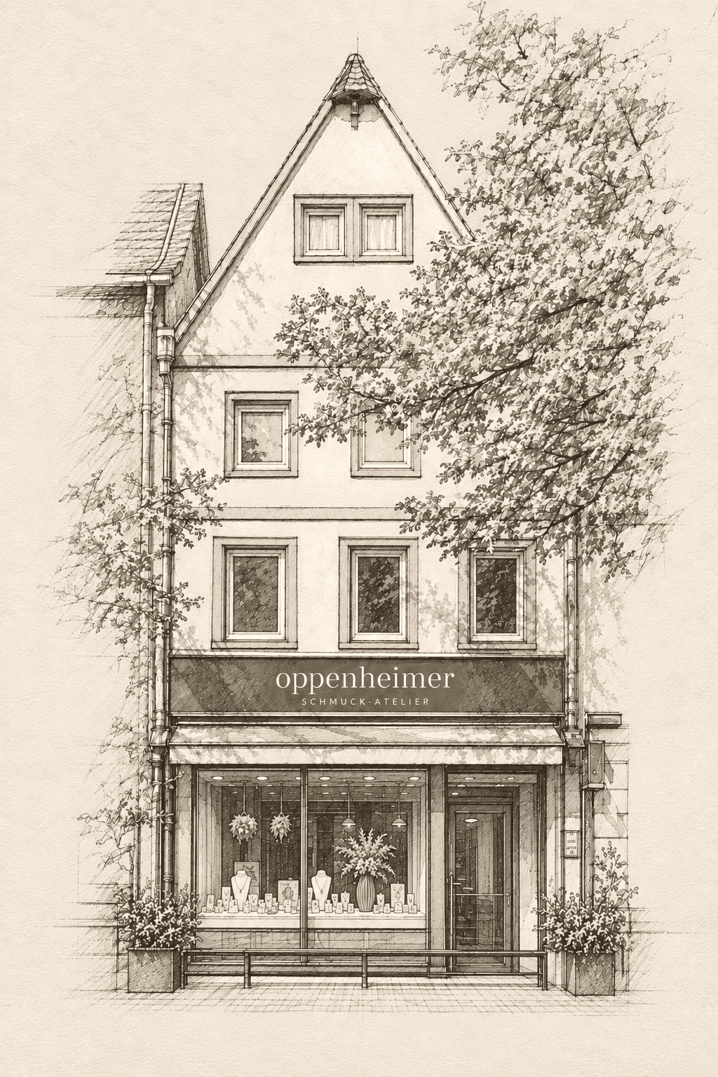 Zeichnung des Hauses Kaiserstraße 65 mit dem Oppenheimer Schmuck-Atelier