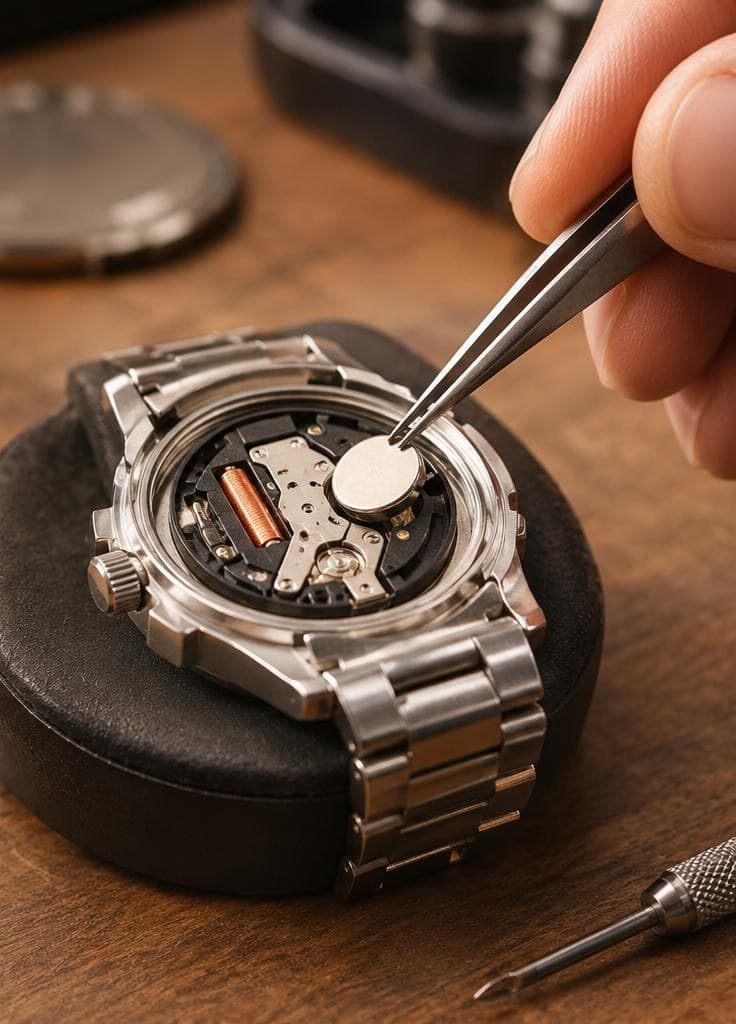 Uhrmacher setzt mit der Pinzette eine neue Batterie in eine Uhr ein
