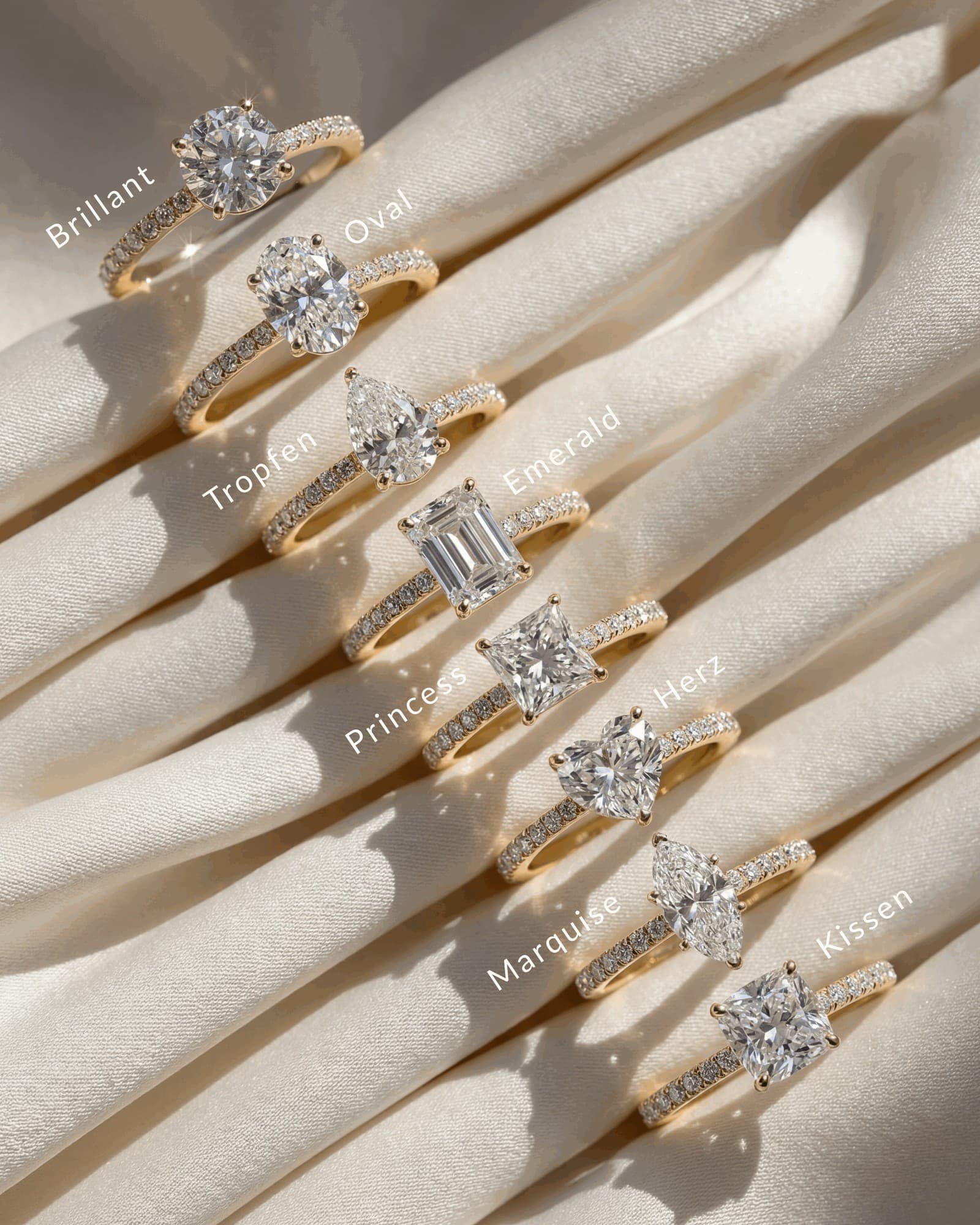 Verlobungsringe in Gold mit verschiedenen Diamantformen
