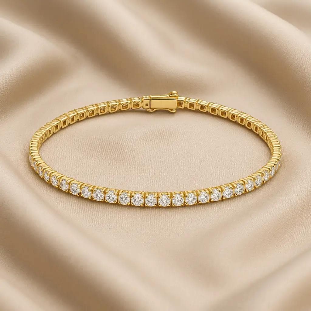 Tennisarmband in Gelbgold mit Diamanten auf Seide