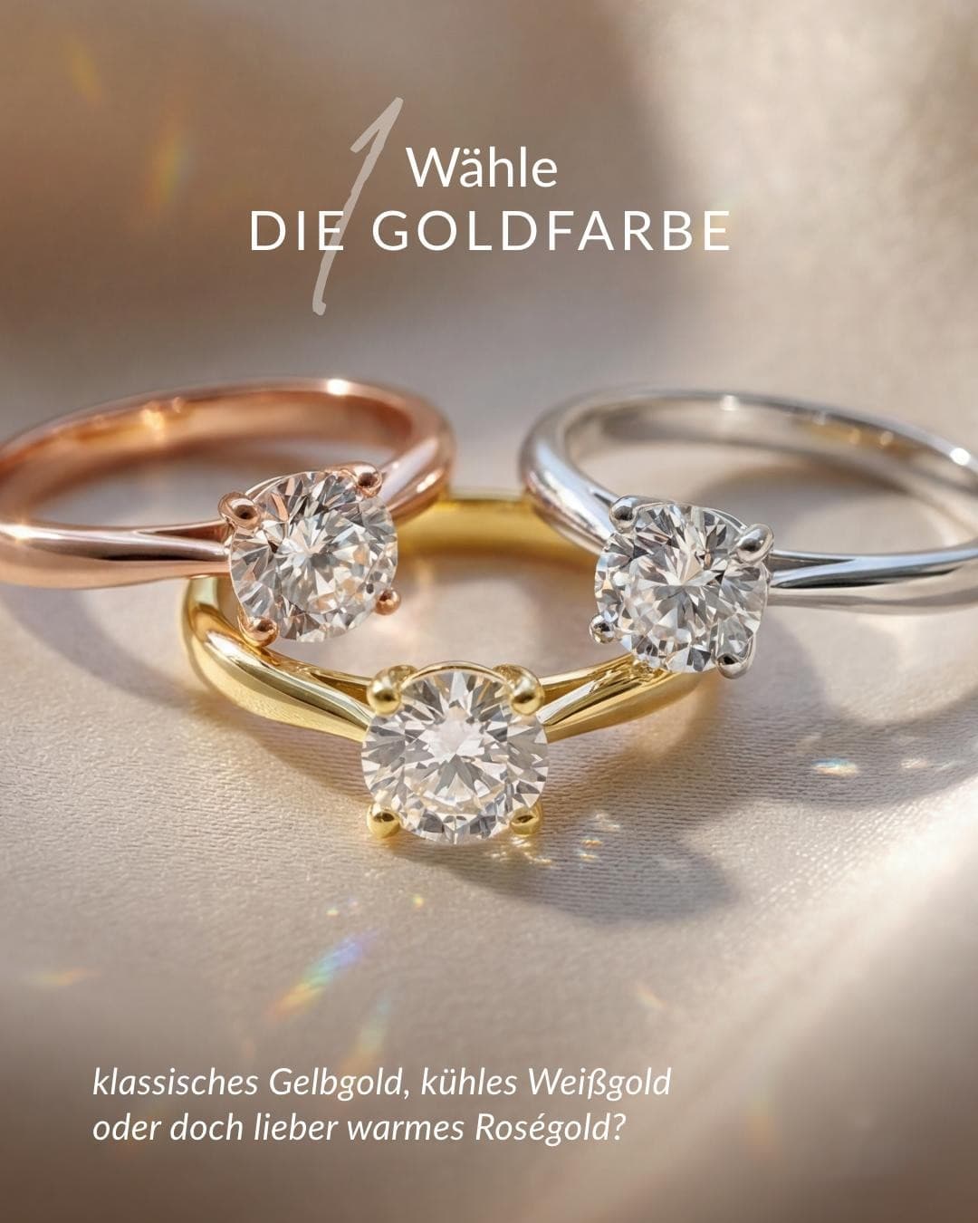 Drei Solitärringe in Roségold, Gelbgold und Weißgold