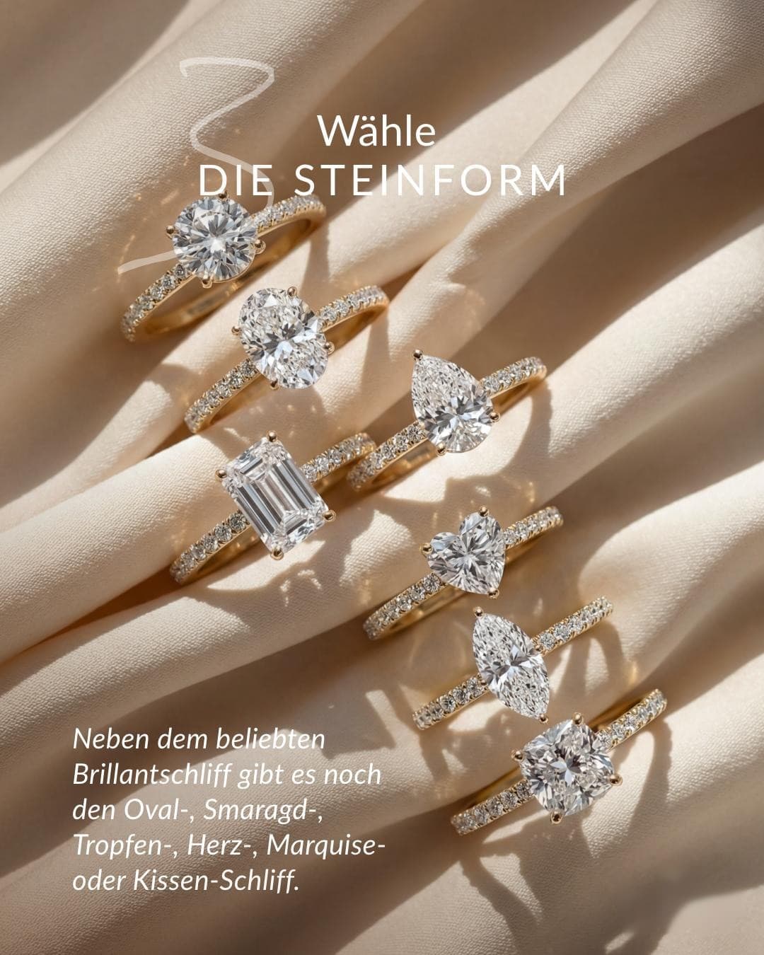 Verlobungsringe mit verschiedenen Diamantformen auf Seide
